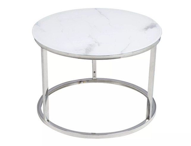 SIERRA B - 80CM RUNT SOFFBORD I GLAS, VIT MARMOREFFEKT & KROM