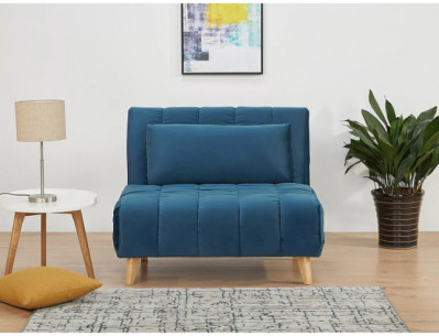 FÖRDEL - FÅTÖLJ 1-SITS, SAMMET BLÅ, MED SÄNGFUNKTION