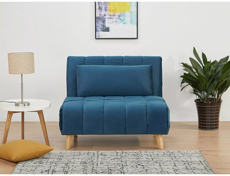 FÖRDEL - FÅTÖLJ 1-SITS, SAMMET BLÅ, MED SÄNGFUNKTION