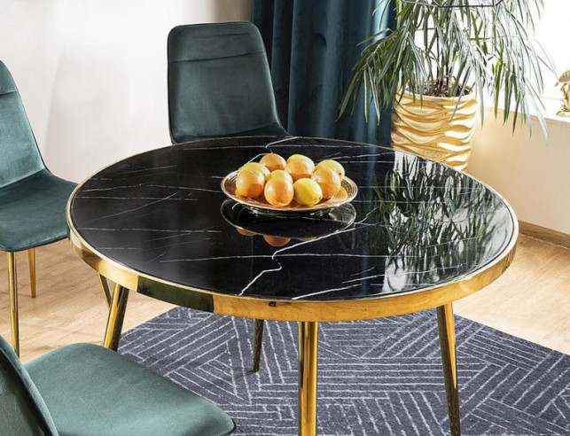 TOPP - Ø100CM MATBORD, SVART GLAS MED MARMOREFFEKT, GULDFÄRGAT STATIV