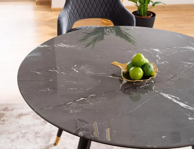 HIMMEL II - 100CM RUNT MATBORD, SVART GLAS MED STENEFFKT