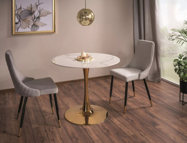 STABIL - 90CM RUNT BORD, VIT KERAMIK CALACATTA, GULDMETALL