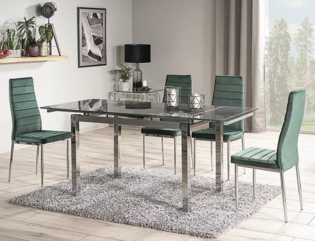 ÄDEL - 110–170CM MATBORD, SVART GLAS, KROMAT UNDERREDE, UTDRAGSBAR