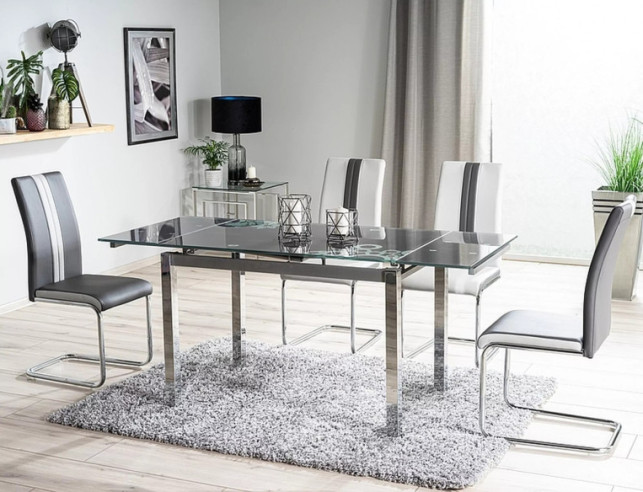 ÄDEL - 110–170CM MATBORD, SVART GLAS, KROMAT UNDERREDE, UTDRAGSBAR