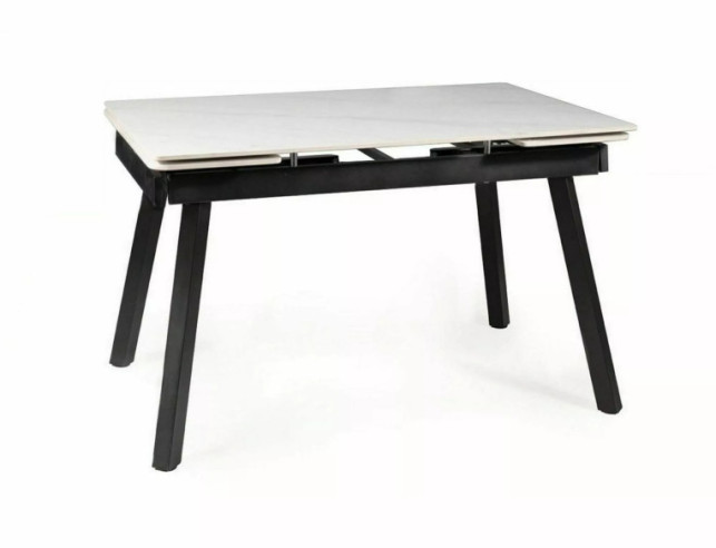STRUKTUR - 120–180CM MATBORD, VIT KERAMIK MARMOREFFEKT, SVART METALL