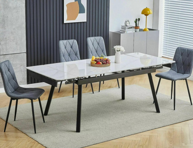 STRUKTUR - 120–180CM MATBORD, VIT KERAMIK MARMOREFFEKT, SVART METALL