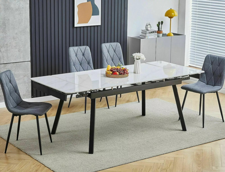 STRUKTUR - 120–180CM MATBORD, VIT KERAMIK MARMOREFFEKT, SVART METALL