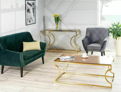 SAVANN - 120CM SOFFBORD, RÖKTONAT GLAS & GULDSTATIV