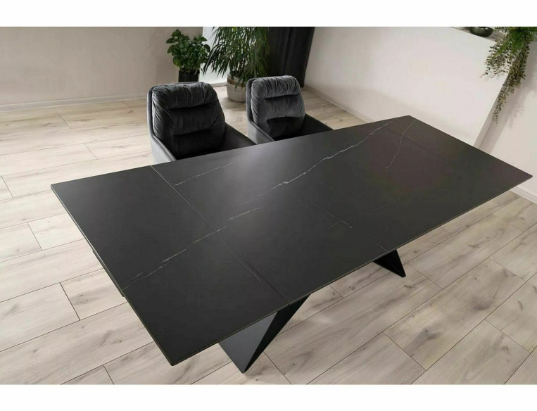 NOVA - 160CM MATBORD, KERAMIK SAHARA NOIR, SVART METALL, EXKLUSIVT UTFÄLLBART