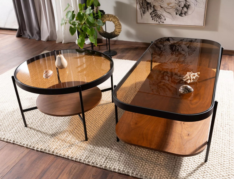 SAVANN - 74CM RUNDT SOFFBORD, BÄRNSTENSFÄRGAT GLAS & SVART METALL