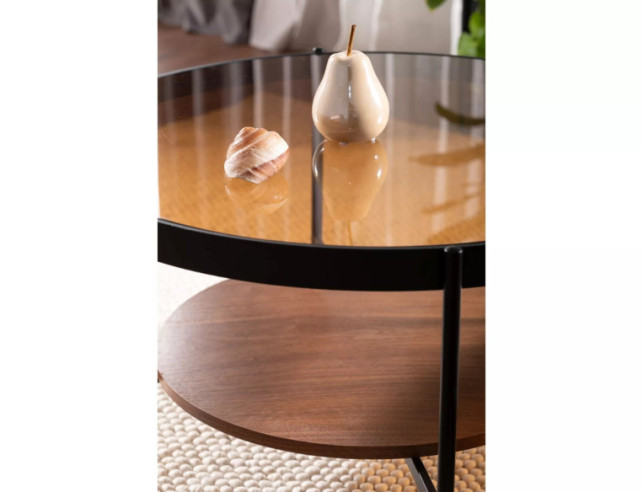 SAVANN - 74CM RUNDT SOFFBORD, BÄRNSTENSFÄRGAT GLAS & SVART METALL