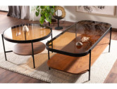 SAVANN - 74CM RUNDT SOFFBORD, BÄRNSTENSFÄRGAT GLAS & SVART METALL