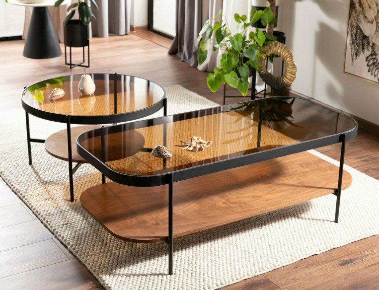 SAVANN - 74CM RUNDT SOFFBORD, BÄRNSTENSFÄRGAT GLAS & SVART METALL