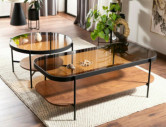 SAVANN - 74CM RUNDT SOFFBORD, BÄRNSTENSFÄRGAT GLAS & SVART METALL