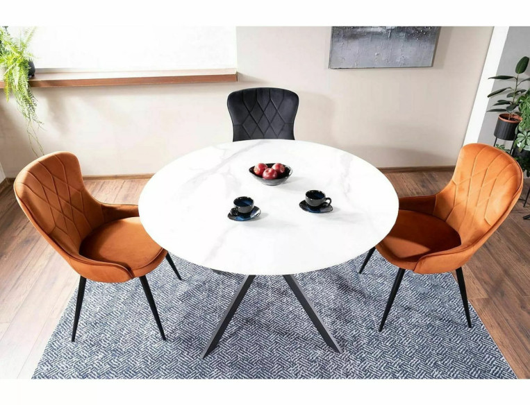 ZEFYR - 90CM MATBORD, RUND KERAMIKSKIVA VIT MARMOR, SVART METALLSTATIV