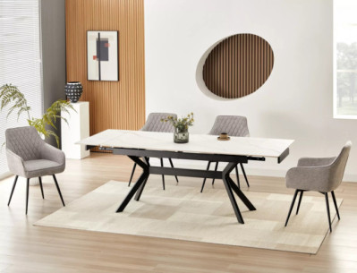 TEMPEST 180 - 180CM MATBORD, VIT KERAMIK, SVART METALL, UTFÄLLBART