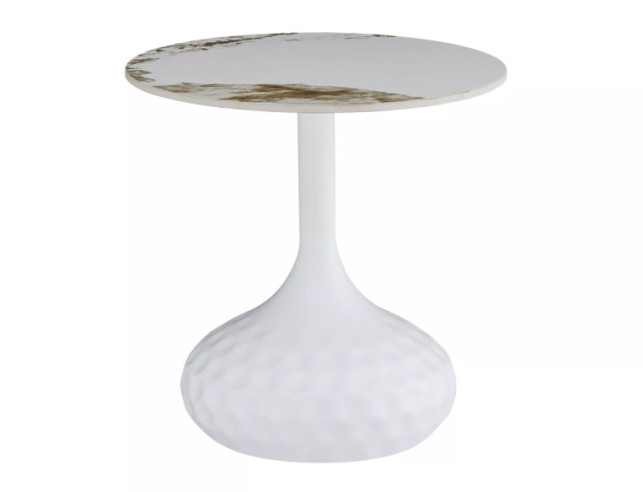 CYKLON - 50CM RUND LÅGBORD, VIT MARMORLOOK KERAMIK & METALL