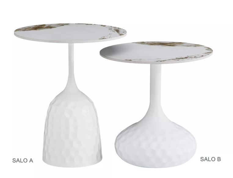 CYKLON - 50CM RUND LÅGBORD, VIT MARMORLOOK KERAMIK & METALL