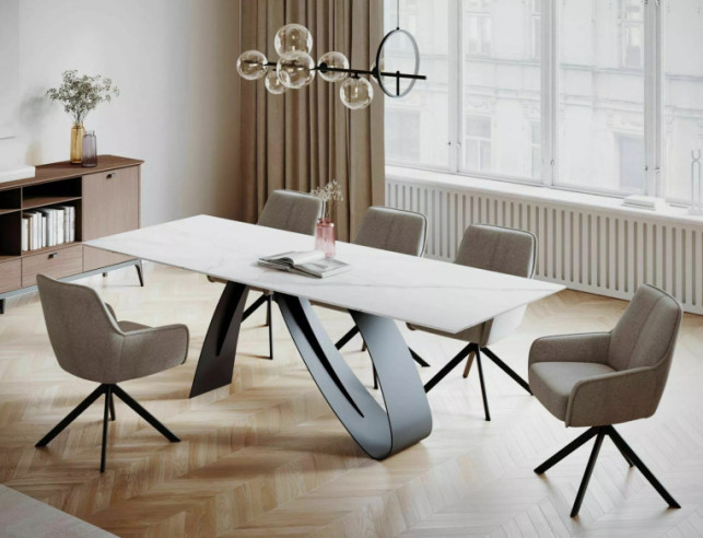 NEBULOSA - 160CM GLASBORD, VIT KERAMIK STATUARIO VENATO, SVART METALL