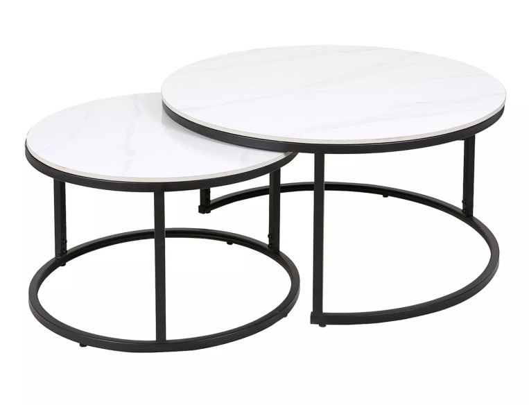 HIMMEL - 80CM SET OM 2 RUND SOFFBORD, VIT MARMORLOOK/KLASSVART METALL