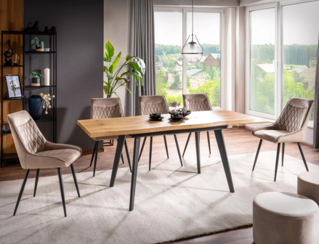 SOLSTÅND - 150-210CM MATBORD, EK DĄB ARTISAN, SVART METALL, UTFÄLLBART