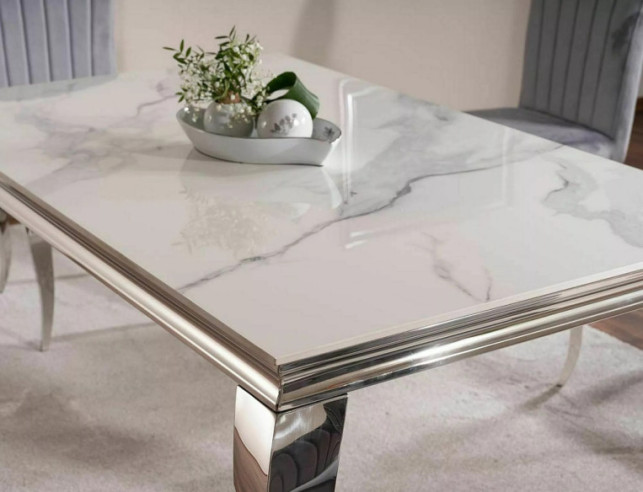 KVASAR - 180CM GLASBORD I KERAMIK, VIT CALACATTA OCH KROM