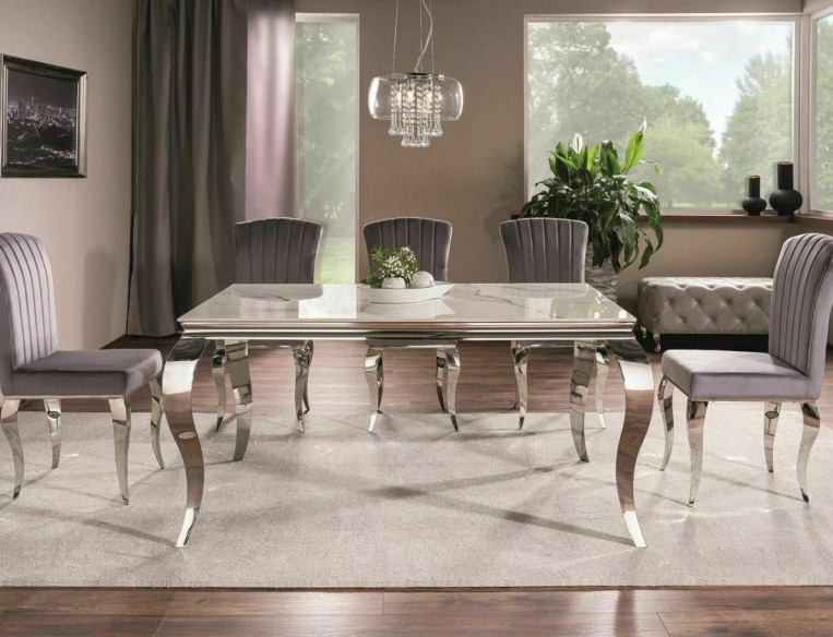 KVASAR - 180CM GLASBORD I KERAMIK, VIT CALACATTA OCH KROM