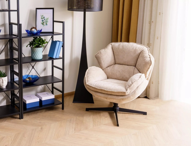 DAGJÄMNING - FOTEL, BEIGE TYG, SVART METALL, 360° SNURR