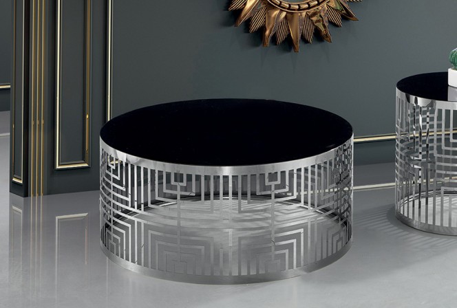 ASTANI - Ø90CM SOFFBORD I ROSTFRITT STÅL/SVART GLAS