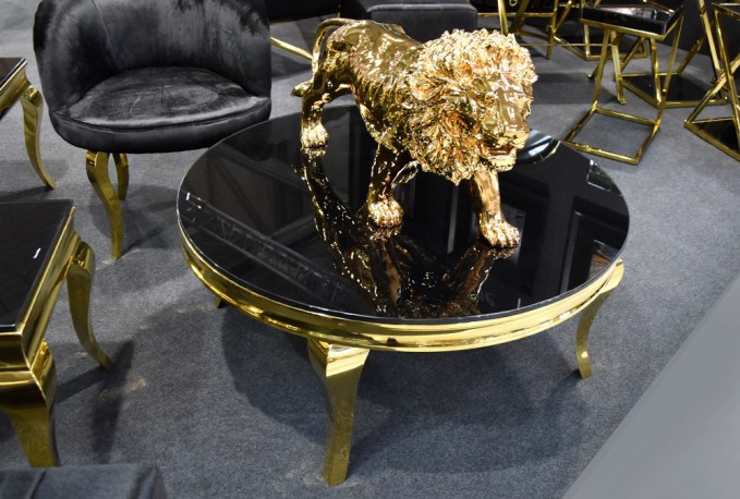 FIOLA - Ø100CM SOFFBORD I ROSTFRITT GULD STÅL/SVART GLASSKIVA