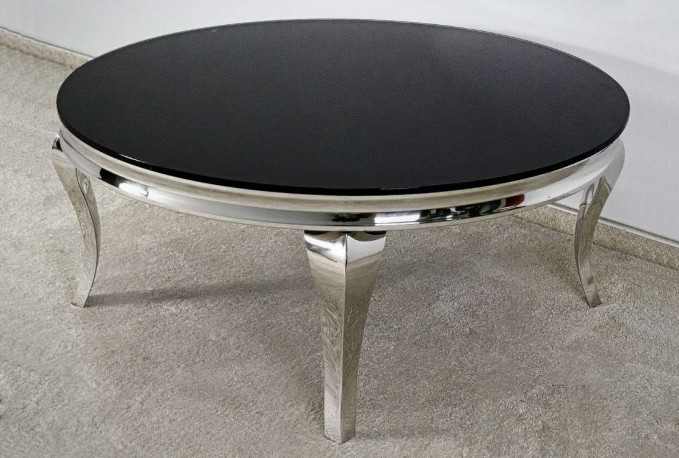 FIOLA - Ø100CM SOFFBORD I ROSTFRITT SILVER STÅL/SVART GLASSKIVA