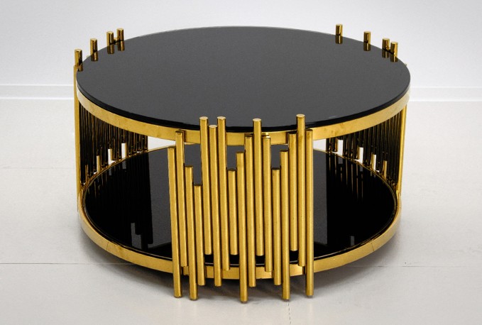 MYRA - Ø85CM GULD/SVART SIDOBORD I HÄRDAT GLAS