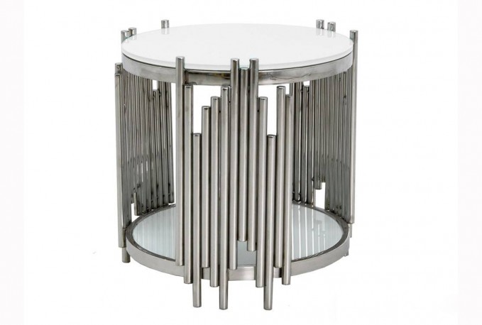 MYRA - Ø60CM SILVER/VITT SIDOBORD I HÄRDAT GLAS