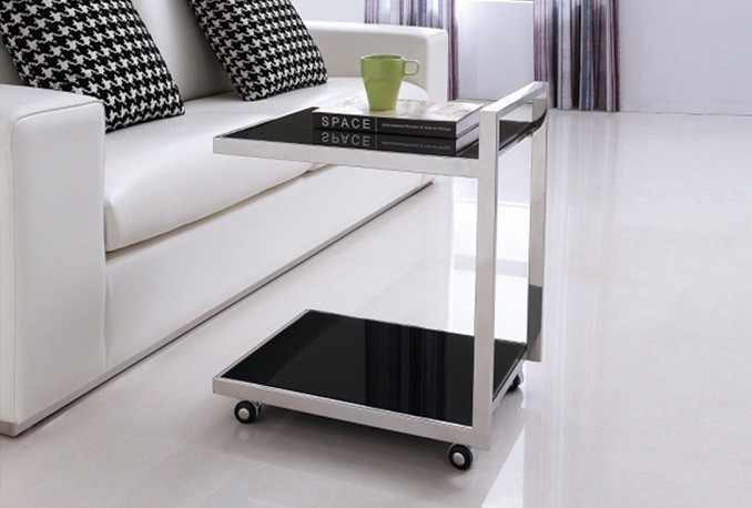 NOELLE - SOFF/SIDOBORD I SVART TEMPERERAT GLAS M. HJUL