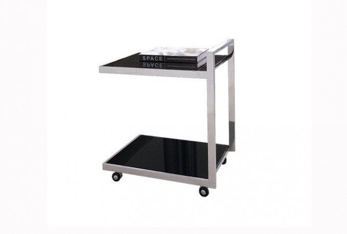 NOELLE - SOFF/SIDOBORD I SVART TEMPERERAT GLAS M. HJUL