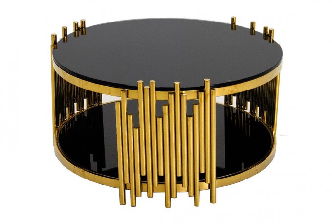 MYRA - Ø85CM GULD/SVART SIDOBORD I HÄRDAT GLAS