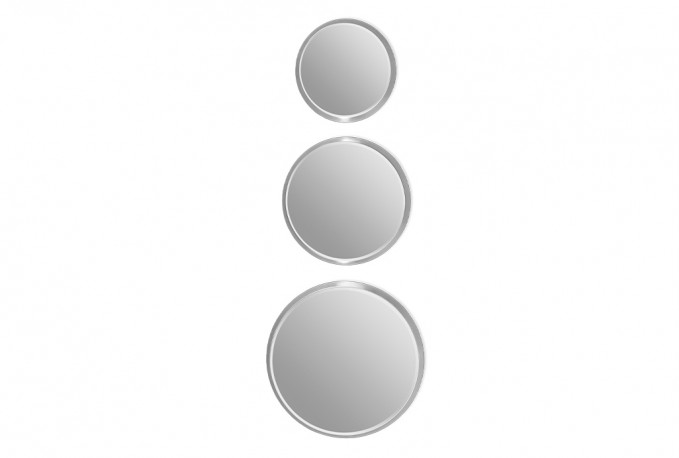 A set of 3 round mirrors in a silver frame