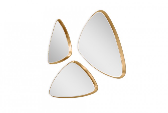 A set of 3 triangular mirrors in a golden frame