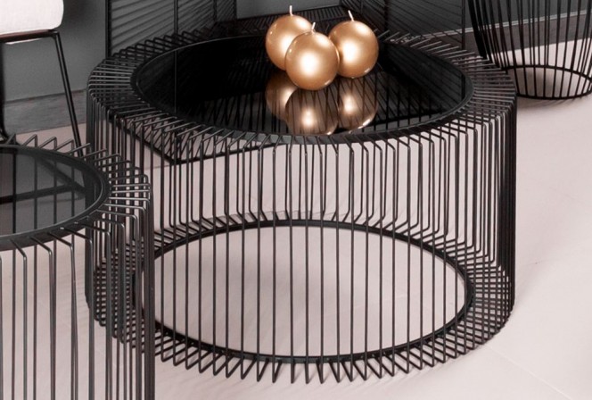 Graphite wire coffee table with glass top Ø80 x 38 cm