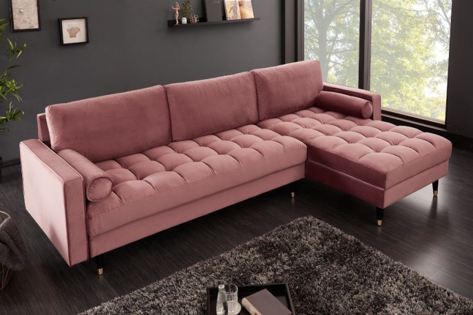 BELLANI - Mysig soffa med schäslong sammet rosa