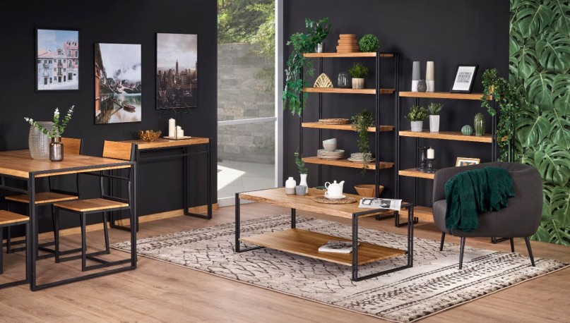 SIMON - Elegant hylla i gyllene ek/svart 155 cm