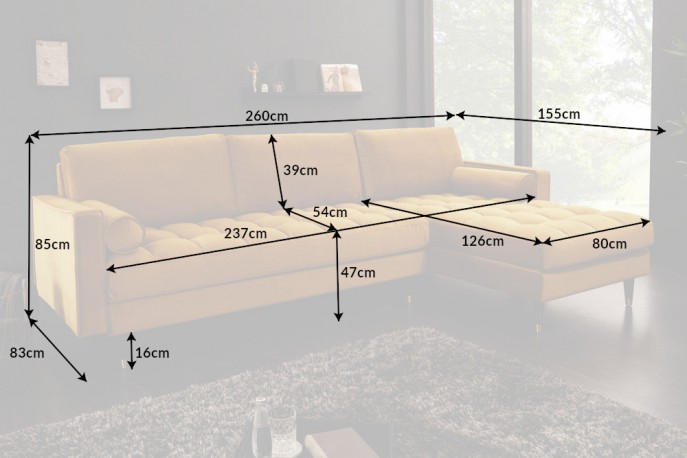 Cozy Velvet II corner sofa 260cm mustard yellow velvet
