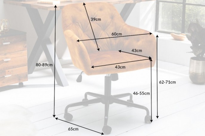 ELENOR - Justerbar kontorsstol senapsgul sammet 82-90 cm