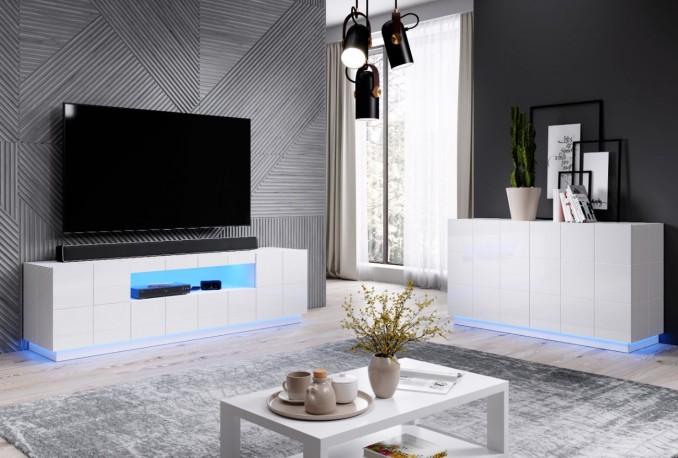 REX - 184 cm TV-bänk i vit högglans/svarta ben