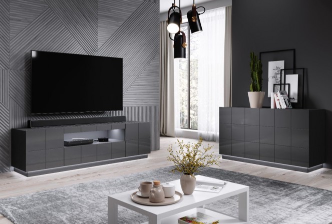 REX - 184 cm TV-bänk i grafitfärgad högglans 2