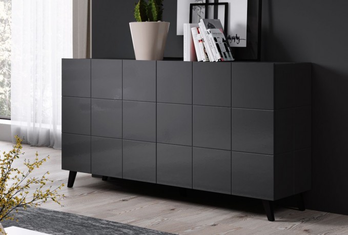 REX - 138 cm skänk i grafitfärgad högglans/svarta ben
