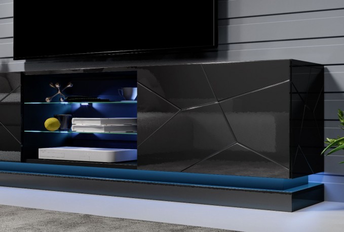 Babylon II - TV-bänk, LED, svart helglans, 200cm