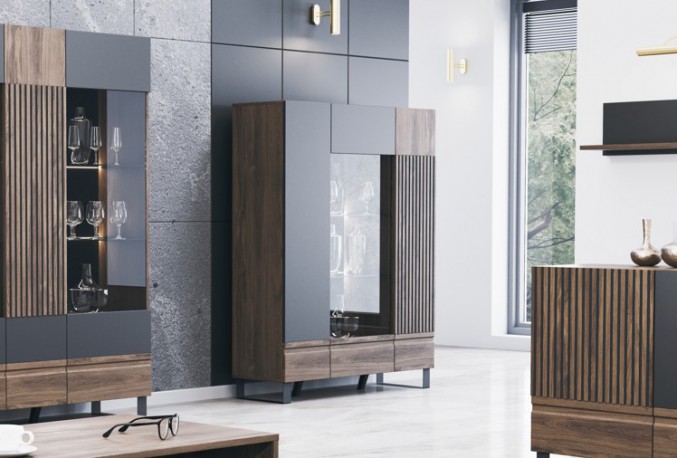 ASPEN - 128cm Låg Vitrinskåp I Mörkbrun Charleston Ek