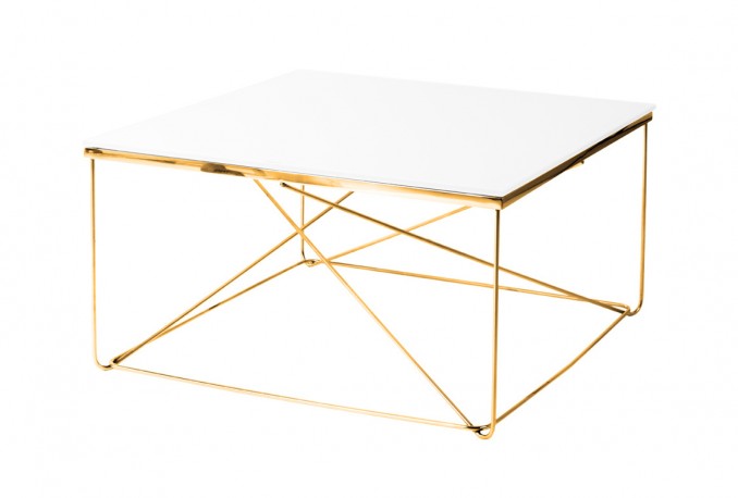 Square gold coffee table white glass 80x80x43 cm
