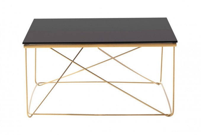 Square gold coffee table, black glass 80x80x43 cm